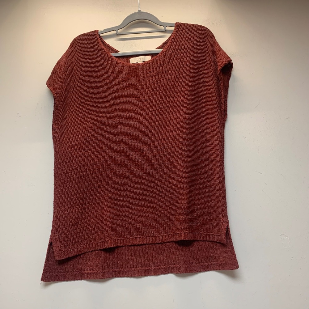 LOFT Sweater Vest Women Large Rust Red Excellent High Low Garter Stitch Knit